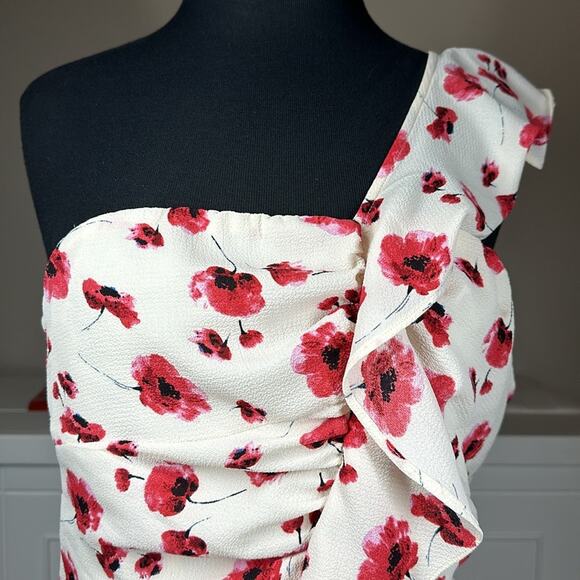 Lucy Paris One Shoulder Midi Dress Cream Red Floral Ruffles Feminine Cocktail L - Picture 6 of 16